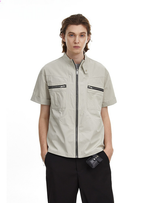 Deconstructed Moto Zip-Up Shirt Retro Workwear Shirt with Stand Collar