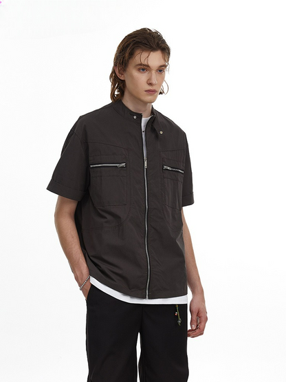 Deconstructed Moto Zip-Up Shirt Retro Workwear Shirt with Stand Collar