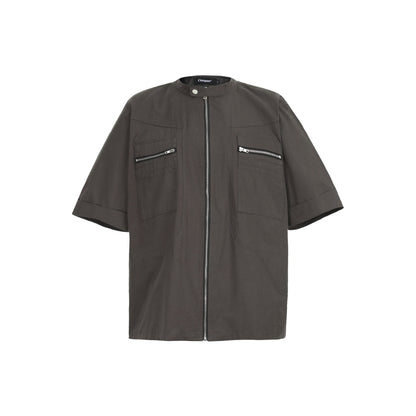 Deconstructed Moto Zip-Up Shirt Retro Workwear Shirt with Stand Collar