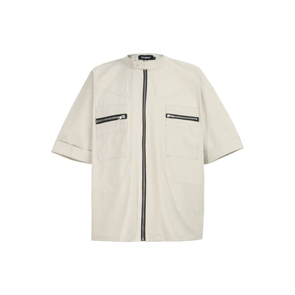 Deconstructed Moto Zip-Up Shirt Retro Workwear Shirt with Stand Collar