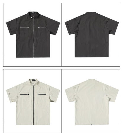 Deconstructed Moto Zip-Up Shirt Retro Workwear Shirt with Stand Collar