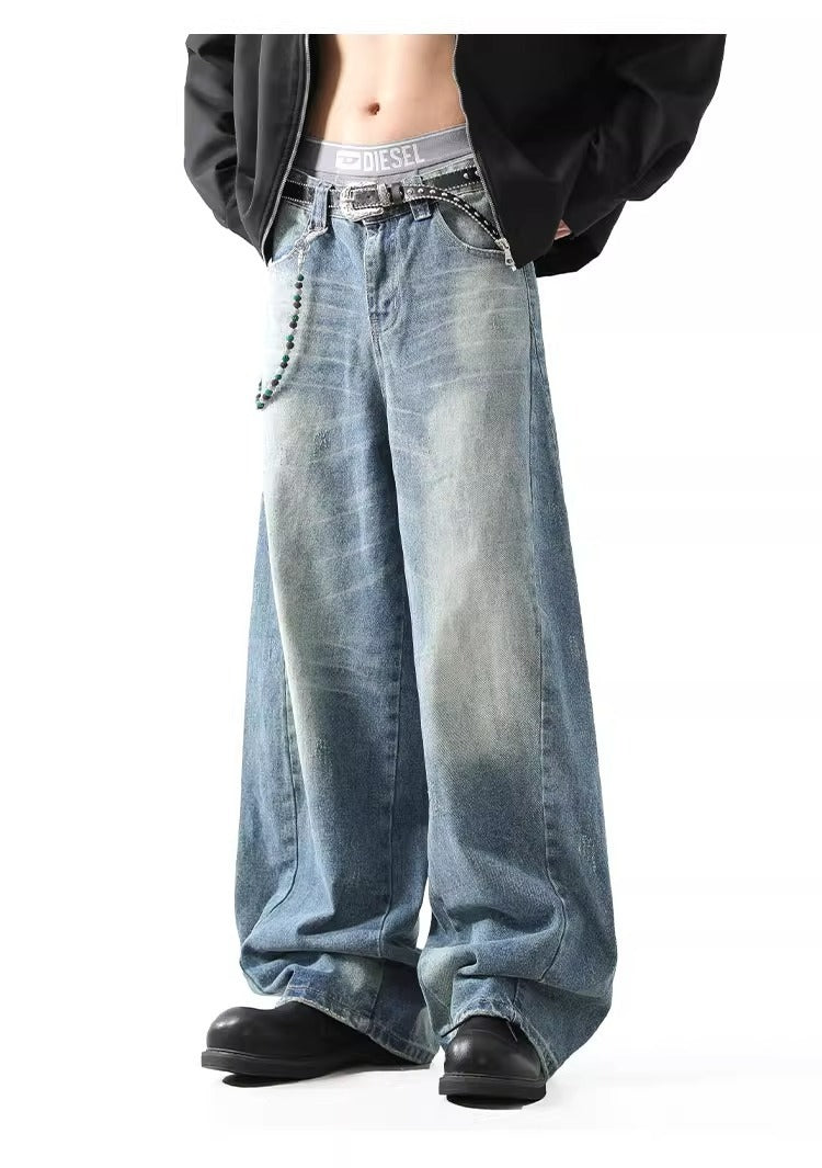 Deconstructed Wide Leg Jeans Retro Wash Vibe