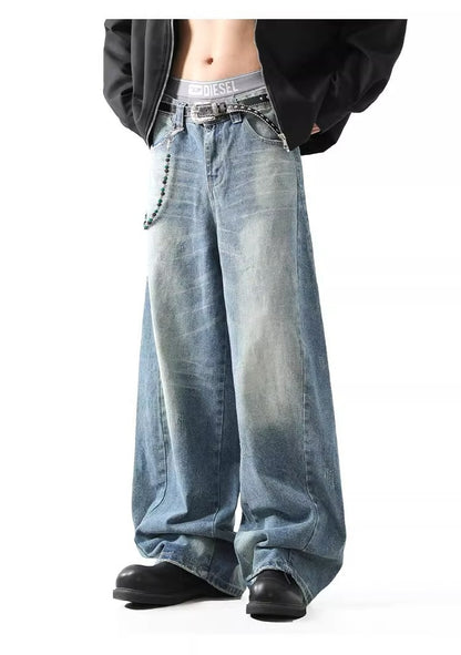 Deconstructed Wide Leg Jeans Retro Wash Vibe