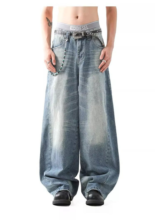 Deconstructed Wide Leg Jeans Retro Wash Vibe
