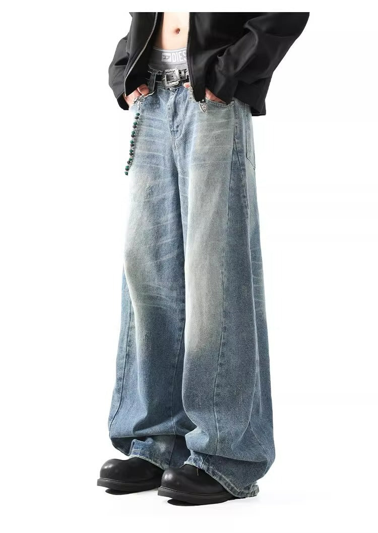 Deconstructed Wide Leg Jeans Retro Wash Vibe