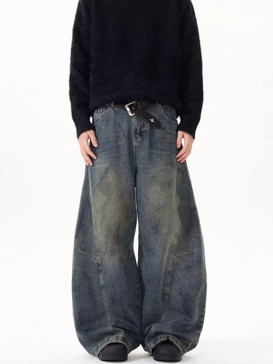 Deconstructed Wide Leg Jeans Vintage Curved Fit Denim