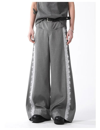 Grey Lace Stripe Pants Retro Wide Leg Designer Fit
