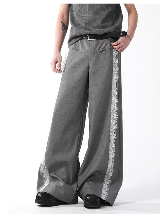 Grey Lace Stripe Pants Retro Wide Leg Designer Fit