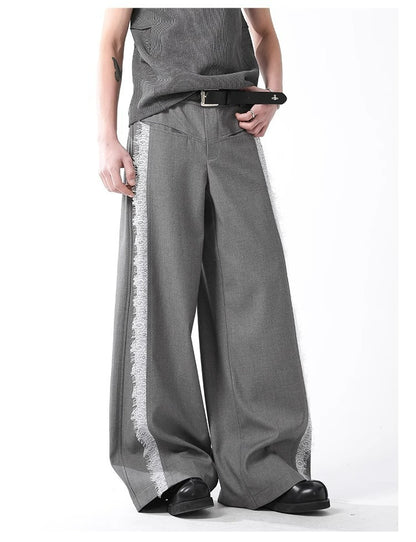 Grey Lace Stripe Pants Retro Wide Leg Designer Fit