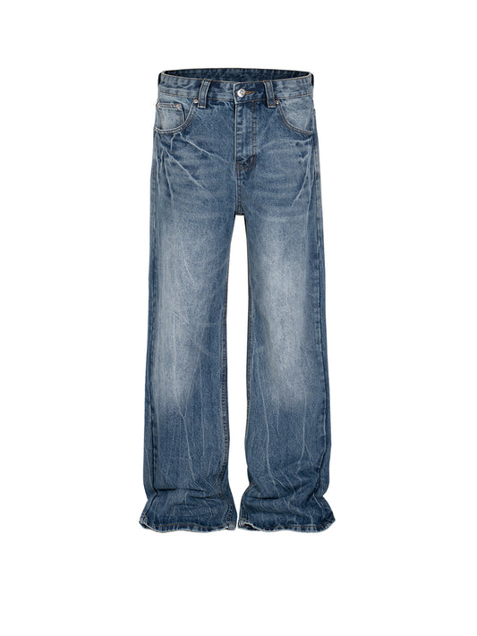 High Street Washed Distressed Jeans Faded Texture Straight Denim Jeans