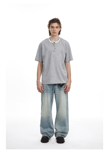 Men's Clean Fit Henley Tee Snap Button Faux Layer Design
