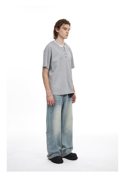 Men's Clean Fit Henley Tee Snap Button Faux Layer Design