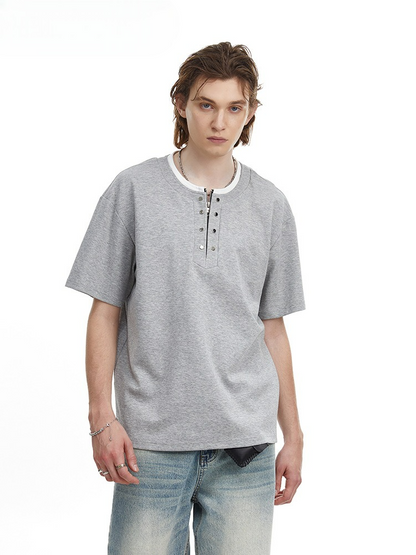 Men's Clean Fit Henley Tee Snap Button Faux Layer Design