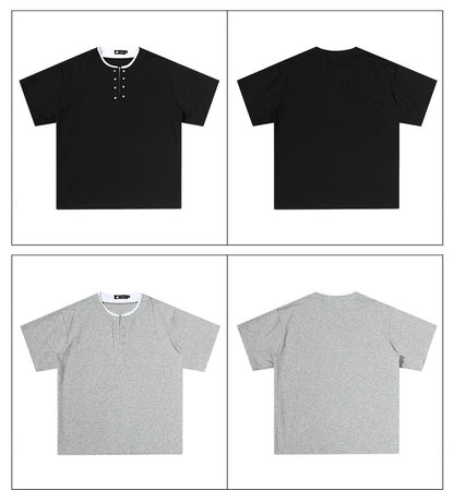 Men's Clean Fit Henley Tee Snap Button Faux Layer Design