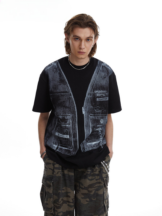 Faux Two Piece Workwear Tee Loose Fit Layered Print T-Shirt