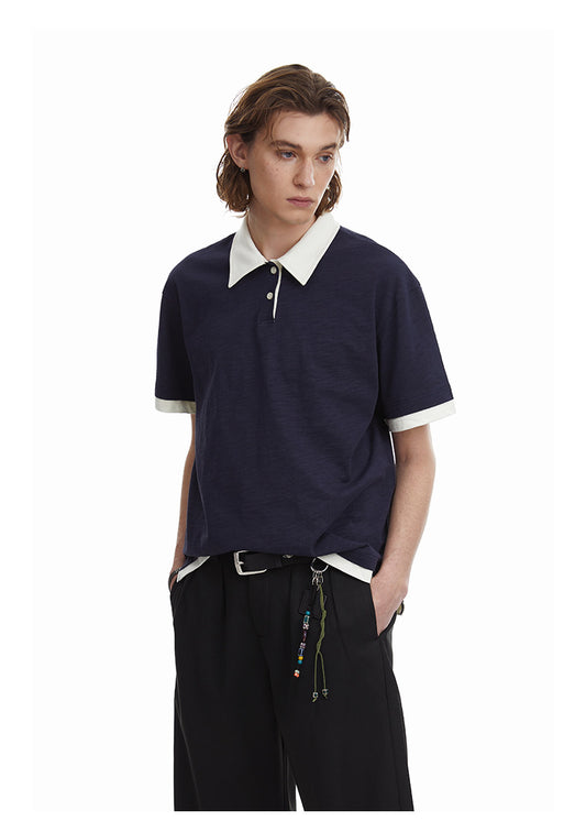 Contrasting Layered Polo Tee Retro Fake Two Piece Collar Tee