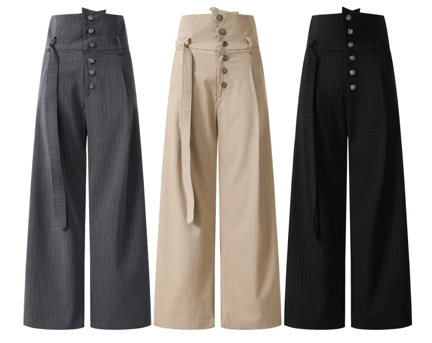 Pleated Pinstripe Suit Pants with Embroidered Fold Over Waist