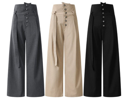 Pleated Pinstripe Suit Pants with Embroidered Fold Over Waist