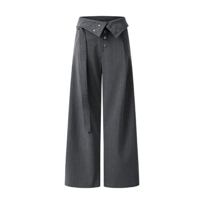 Pleated Pinstripe Suit Pants with Embroidered Fold Over Waist