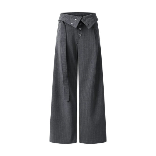Pleated Pinstripe Suit Pants with Embroidered Fold Over Waist