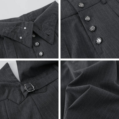 Pleated Pinstripe Suit Pants with Embroidered Fold Over Waist