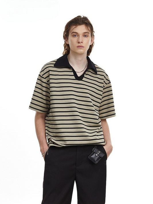 Relaxed Fit Striped Polo Shirt Men's Vintage Contrast Collar Top