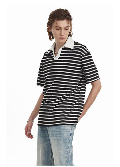 Relaxed Fit Striped Polo Shirt Men's Vintage Contrast Collar Top