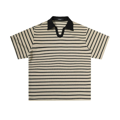 Relaxed Fit Striped Polo Shirt Men's Vintage Contrast Collar Top