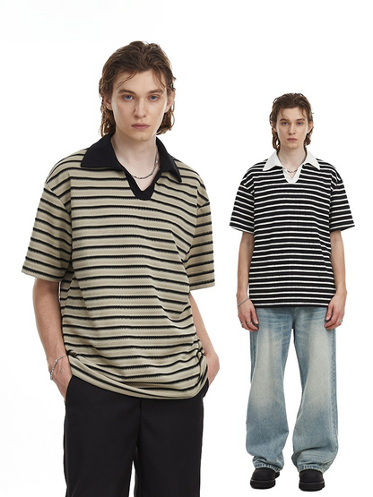 Relaxed Fit Striped Polo Shirt Men's Vintage Contrast Collar Top