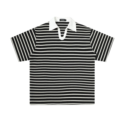 Relaxed Fit Striped Polo Shirt Men's Vintage Contrast Collar Top