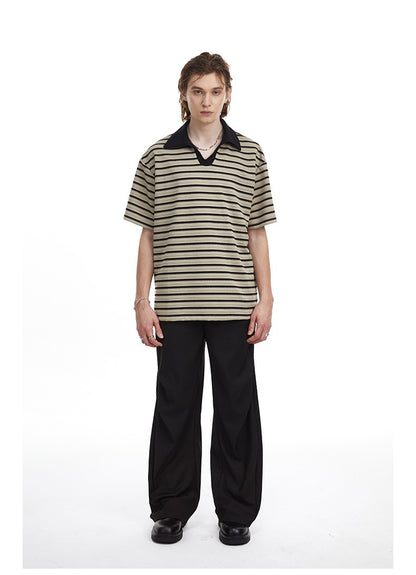 Relaxed Fit Striped Polo Shirt Men's Vintage Contrast Collar Top