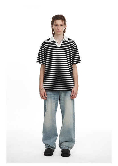 Relaxed Fit Striped Polo Shirt Men's Vintage Contrast Collar Top