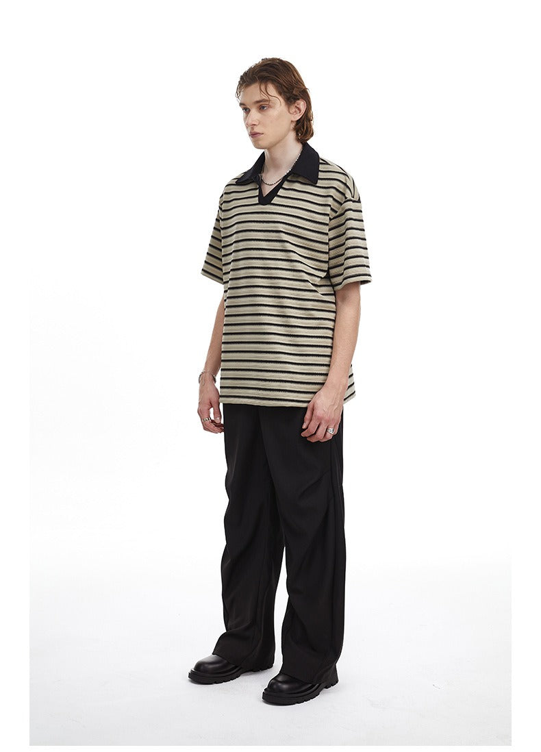 Relaxed Fit Striped Polo Shirt Men's Vintage Contrast Collar Top