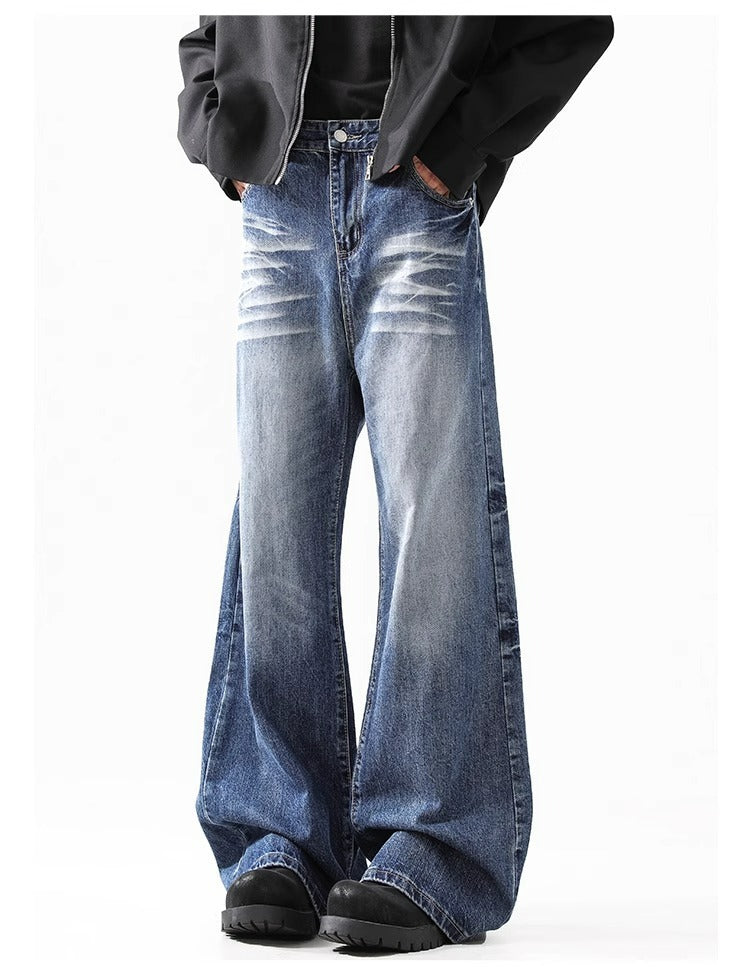 Retro Faded Wide Leg Jeans High Street Classic Blue Denim