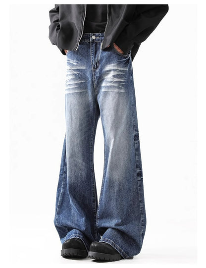 Retro Faded Wide Leg Jeans High Street Classic Blue Denim