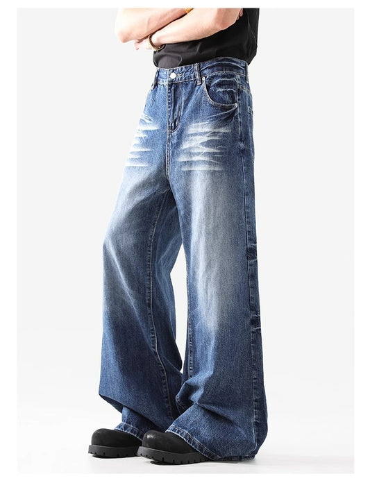 Retro Faded Wide Leg Jeans High Street Classic Blue Denim