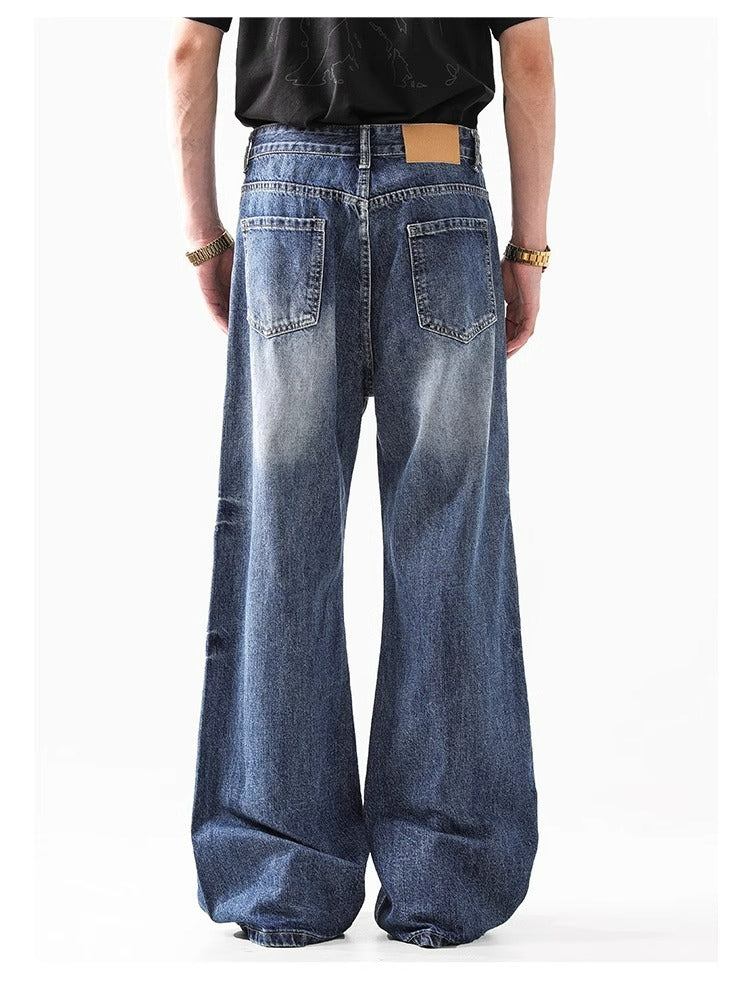 Retro Faded Wide Leg Jeans High Street Classic Blue Denim