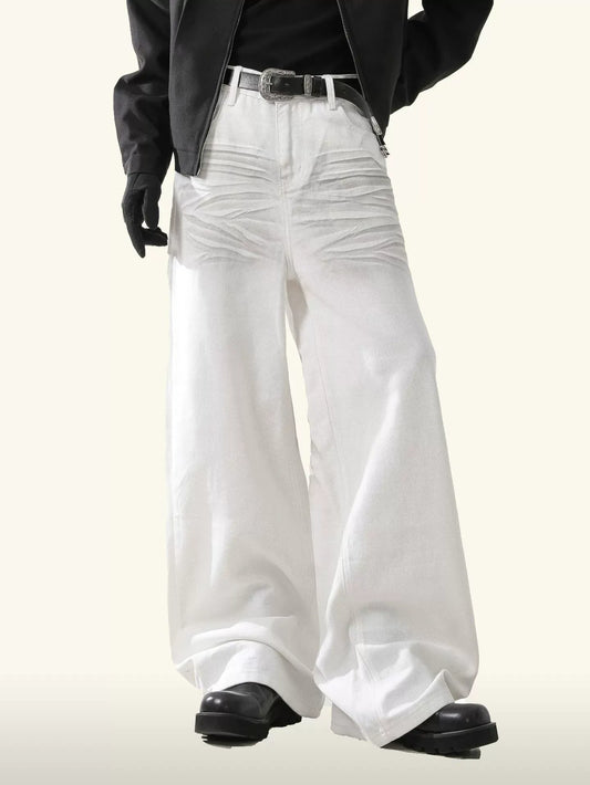 Retro Pintuck Detail White Jeans 3D Pleated Wide Leg Baggy Fit