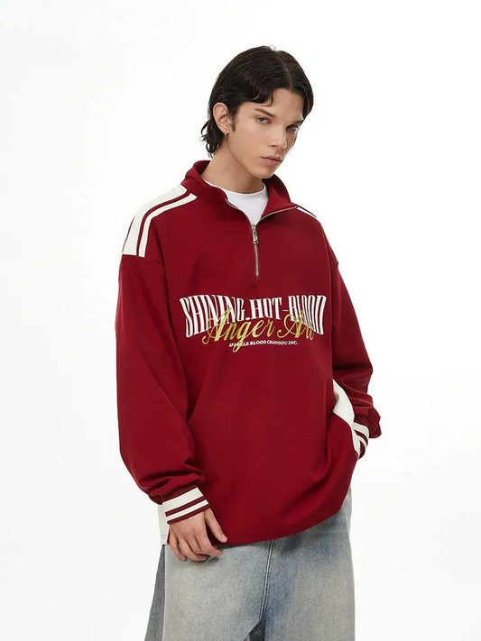 Retro Quarter-Zip Pullover Striped Sleeve Track Top