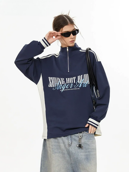 Retro Quarter-Zip Pullover Striped Sleeve Track Top