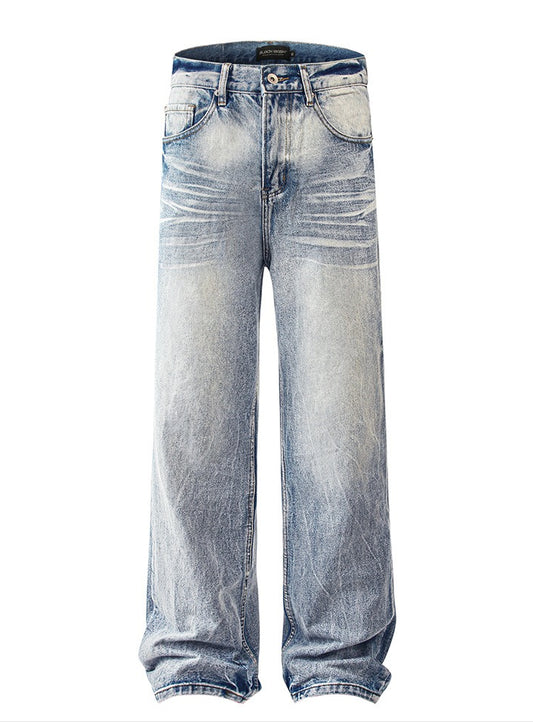 Retro Straight Leg Jeans Faded Wash Denim