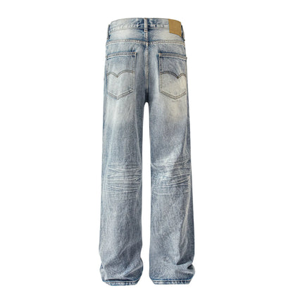 Retro Straight Leg Jeans Faded Wash Denim