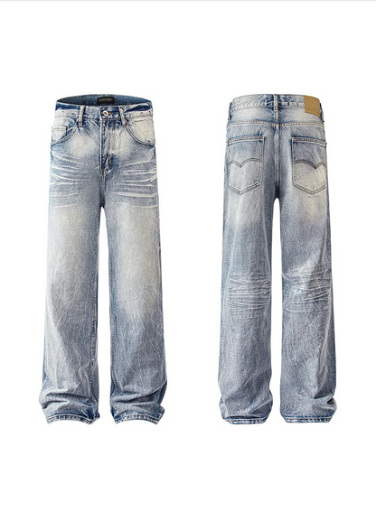 Retro Straight Leg Jeans Faded Wash Denim