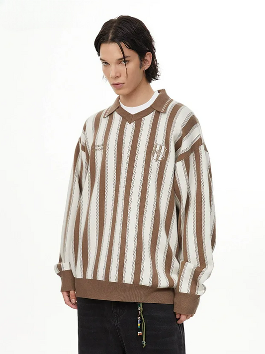 Retro Striped Long Sleeve Polo Relaxed Fit Knit Jersey