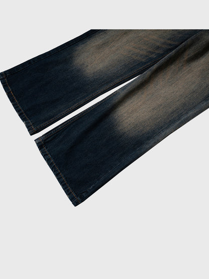 Retro Washed Flared Jeans Textured Denim