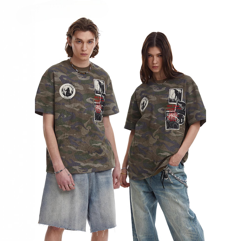 Retro Camouflage Patch Embroidered T-Shirt