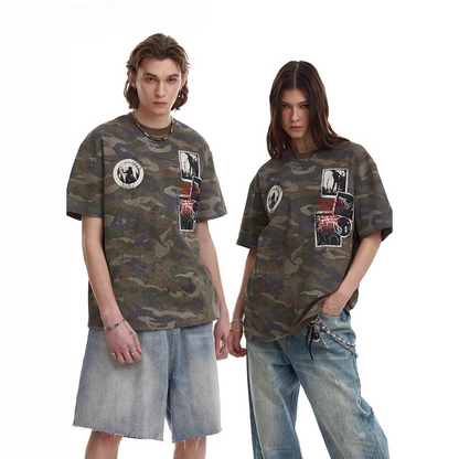 Retro Camouflage Patch Embroidered T-Shirt