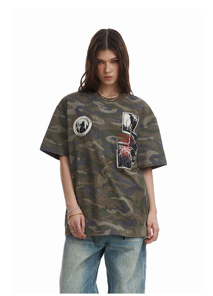 Retro Camouflage Patch Embroidered T-Shirt