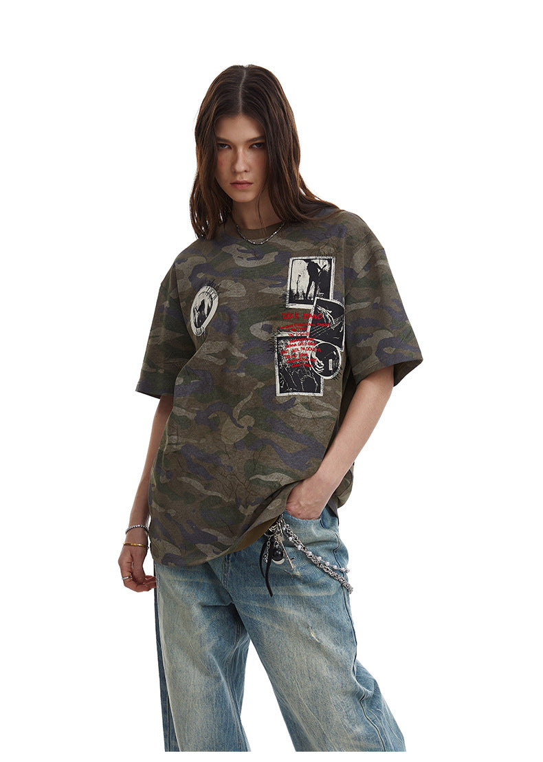Retro Camouflage Patch Embroidered T-Shirt
