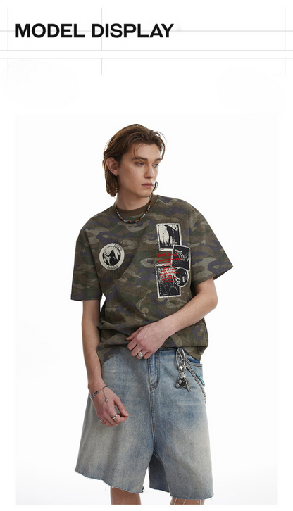 Retro Camouflage Patch Embroidered T-Shirt